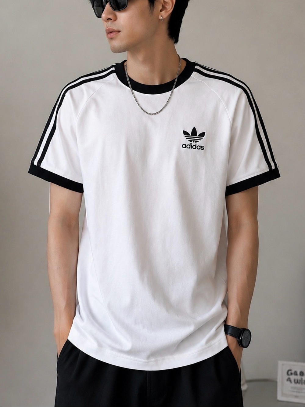 Adidas Men's White and Black Striped T-Shirt